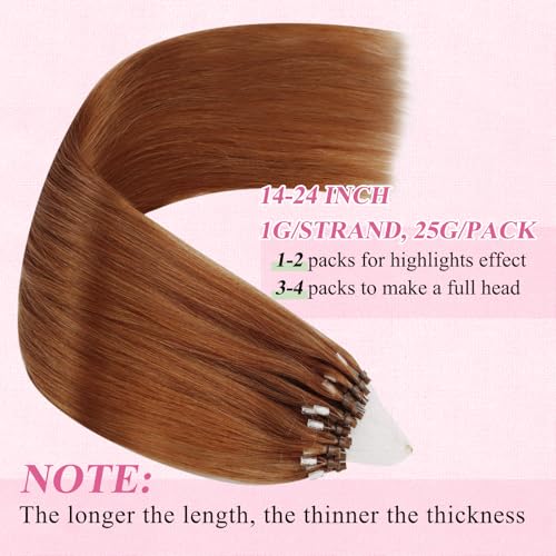 Image of YoungSee Micro Bead Hair Extensions Copper Micro Link Hair Extensions Real Human Hair Microring Hair Extension Copper Micro-Tip Hair Extension Color Real Human Hair for Cosplay 18 Inch 25g 25 Strands