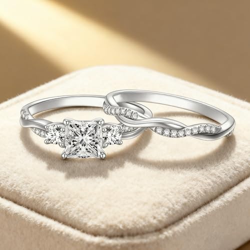 Princess Cut Wedding Ring Sets for Women White Gold, 1-1/2 Carat(ctw) Moissanite Bridal Sets Platinum Plated Silver Engagement Ring Set Twisting Infinity Pave Set4