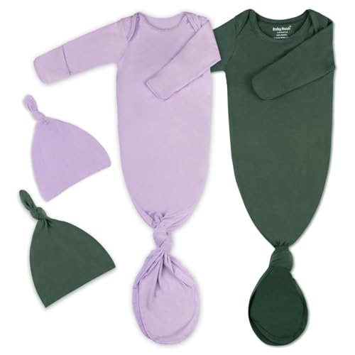 Image of 2Pk Newborn Baby Knotted Gown, Super Soft Silky Infant Long Sleeve Sleeper for Baby Sleeping with Hat or Headband (2 Packs)