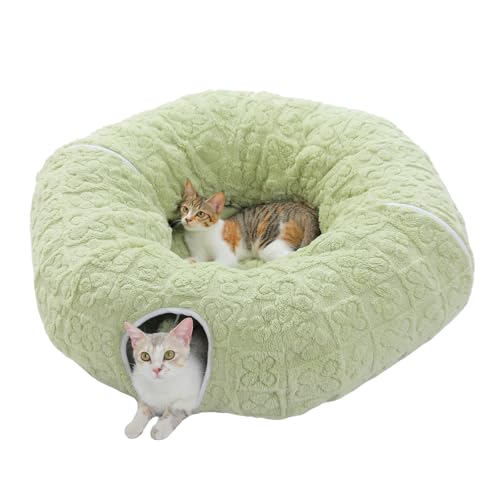 Image of PEQULTI Cat Tunnel with Bed for Indoor Cats, Cat Play Donut Tunnel with Washable Soft Plush Mat, Round Tube Toys Cute Tube for Kittens, Puppies, Rabbits and Ferrets, Green