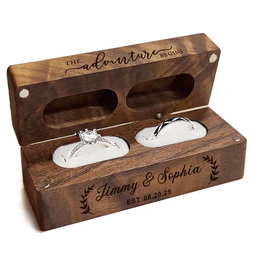 Image of EDSG Personalised Wedding Ring Box for 2 Rings for Ceremony, Wooden Double Ring Box, Engraved Ring Storage Box with Names & Date for Wedding Engagement Anniversary (Design 2)