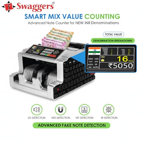 Image of swaggers Mix Note Value Counting Machine with Fake Note Detection Best for Banks, Offices, Hotels, Hospitals, Schools, Colleges, Retails Shops, Jewellery Shops etc.