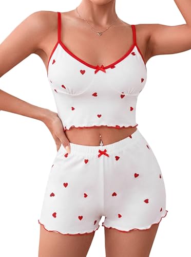 Image of Hilinker Women's 2 Piece Heart Pajama Set Ribbed Cami Top and Shorts Sleepwear Cute Pjs White Red Heart B Medium