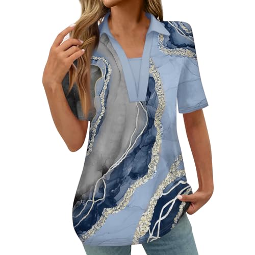 FOCLMP Women Floral Print 2024 Casual Tops V Neck Summer Blouse Shirt Lapel Collar Tunic Tops Trendy Dressy Ladies Clothing Cute Blouses for Women Plus Size Light Blue XL