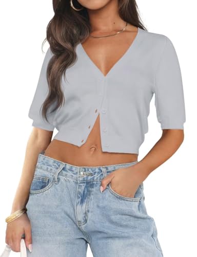 Image of LEEDYA Summer Cardigans for Women Lightweight Short Sleeve Open Front Knit Cropped Sweaters V Neck Button Up Bolero Shrug Top