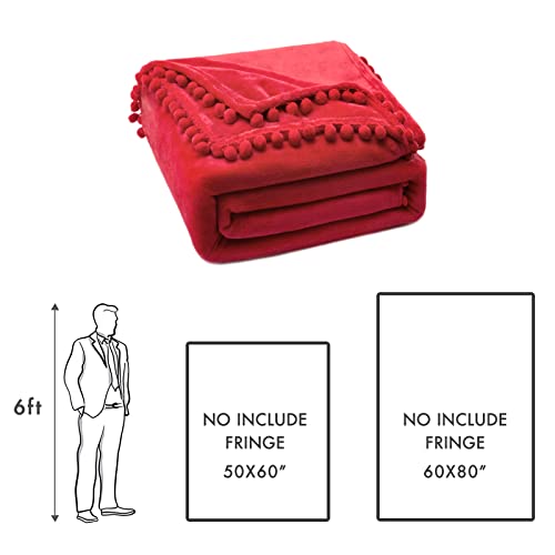 Miulee Fleece Blanket With Pompom Fringe, Soft Cozy Lightweight Flannel Bed Blanket Fuzzy Plush Warm Blanket With Boho Decorative Tassel For Couch Sofa, Throw Size 50"X60", Red #TOP4