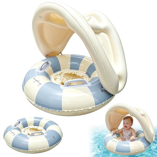 Schwimmring Baby, Aufblasbar Baby Schwimmring ab 6 Monate Kleinkind mit Sonnendach, Schwimmreifen Baby Abnehmbarer Sonnendach UPF50+ & Sicherheitsgriff ab 0-4 Jahr für Außenbereich