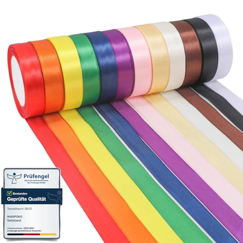 ihaspoko Satin pour Cadeaux - 12 Rouleaux de Ruban Tissu Polyester 20mm x 22m, Ruban Cadeau Multicolore pour Décoration de Fêtes, Mariages, Artisanat