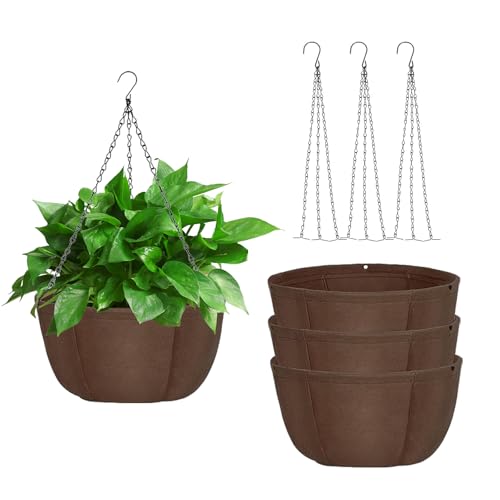 Qivine 3 Pièces Jardiniere Suspendue, Respirant Non Tissé Pot de Fleur Suspendu avec Chaîne Antirouille, Pot Suspension Plante Exterieur pour Porches, Terrasses, Balcons 30.5x5.5cm