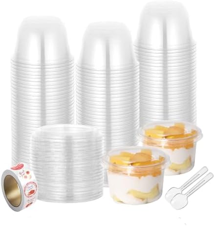 100 Pack Clear Plastic Dessert Cups with Lids,5 oz Plastic Portion Cup,Clear Ice Cream Cup for Take Away Food Dessert, Cupcake, Fruit Snack, Yogurt, Parfait, Pudding