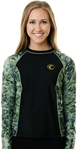 Aqua Design Womens Long Sleeve Big Wave UPF 50+ Sun Protection Rash Guard Shirt , Black/Green , Large