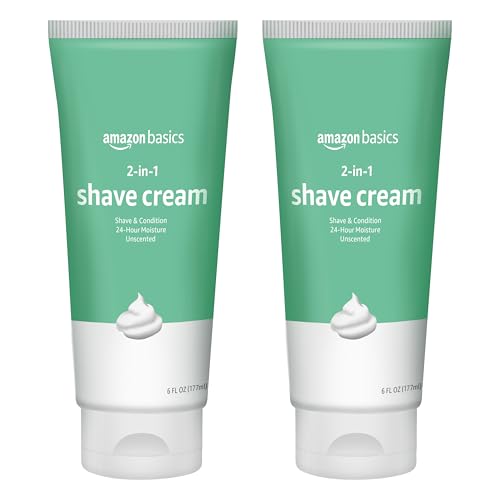 Image of Amazon Basics 2-In-1 Moisturizing Shave Cream, Non-Foaming, Fragrance Free, for Sensitive Skin, with Shea Butter and Aloe, 6 Fl. Oz., 2 Pack