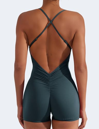 YEOREO Backless Tummy Control Jumpsuits for Women One Piece Workout Jumpsuits Sleeveless V Back Lizvette Scrunch Yoga Rompers Blue Green XS by YEOREO - Used condition - Image 10