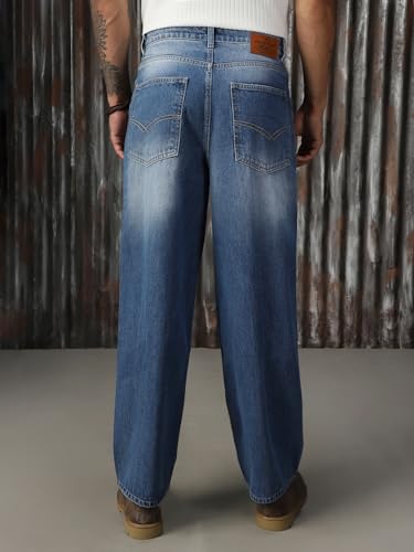 Image of High Star Men Cotton Washed Loose Fit Casual Mid-Rise Jeans
