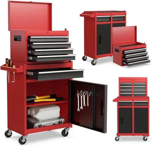 Gymax Carro De Herramientas Con 5 Cajones, Armario De Herramientas 2 En 1 Con Gancho, Estante Ajustable Y Ruedas Universales, Carro De Herramientas Para Garaje, Almacén Y Taller Negro Rojo Gymax Carro De Herramientas Con 5 Cajones, Armario De Herramientas 2 En 1 Con Gancho, Estante Ajustable Y Ruedas Universales, Carro De Herramientas Para Garaje, Almacén Y Taller Negro Rojo