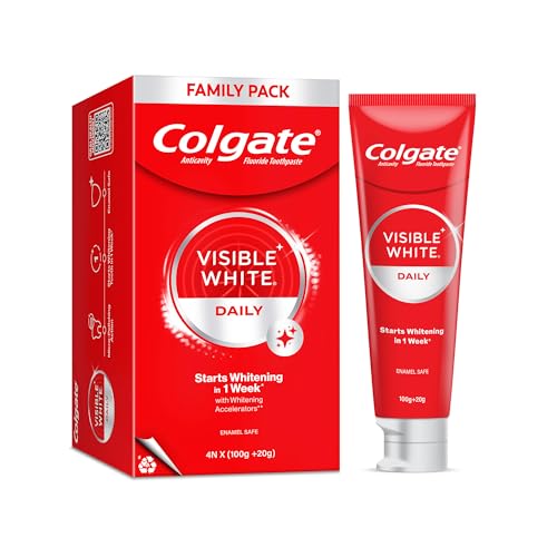 Image of Colgate Visible White Teeth Whitening Toothpaste, Protects Enamel, Removes Stains, With Whitening Accelerators, 480g, 120g X 4
