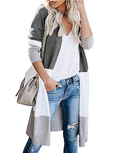 TEMOFON Women Open Front Long Sleeve Cardigan Casual Knit Lightweight Color Block Long Cardigans Sweater Coats Grey M