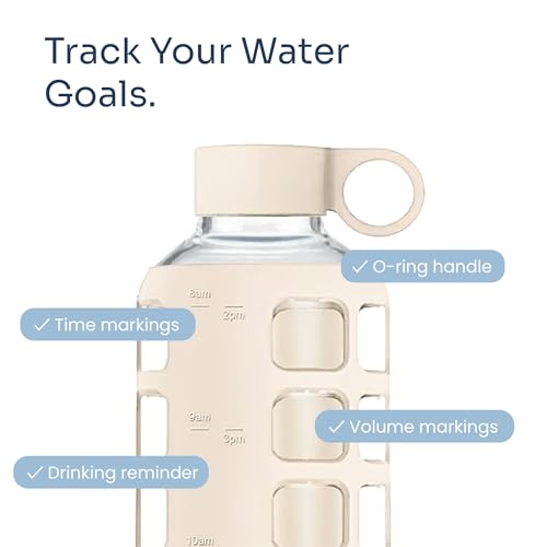 purifyou 40oz / 32oz / 22oz / 12oz Borosilicate Glass Water Bottle with Time & Volume Markers, Silicone Sleeve, Stainless Steel Lid | Reusable Glass Bottle for Water & Juice (40oz Pearled Ivory)