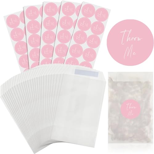 Tenare 50 Sets Wedding Confetti Bags Kit with Stickers 105 x 70 mm Biodegradable Confetti Paper Glassine Bags Empty for Bridal Shower Wedding Party Favors Supplies(Elegant Style)