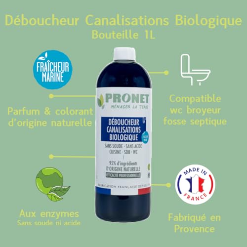 PRONET NATURE - Déboucheur canalisation Biologique - Désengeorge et élimine les bouchons, cheveux, mauvaises odeurs - 95