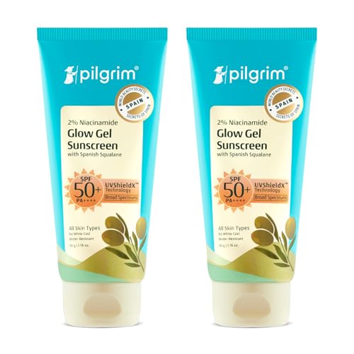 Image of Pilgrim 2% Niacinamide Glow Sunscreen SPF 50 +++ for Women and Men with Spanish Squalane | Enhances Glow, Broad spectrum, Non-greasy, No white cast & Prevents Tanning | All skin types - 50 g (Pack of 2)