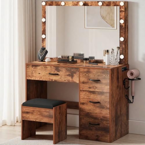 YITAHOME Vanity Desk with Mirror and Lights, Makeup Vanity Set for Dressing Room, Makeup Table with Power Outlets & Cushioned Stool, 11 LED Bulbs Brown Bulbs