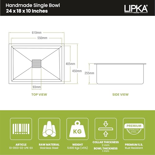 Image of LIPKA Handmade Exclusive Single Bowl Kitchen Sink - 24x18x10 inches | Premium Stainless Steel Sink with Brushed Matte Finish | Kitchen Sink Including Coupling, Waste Pipe