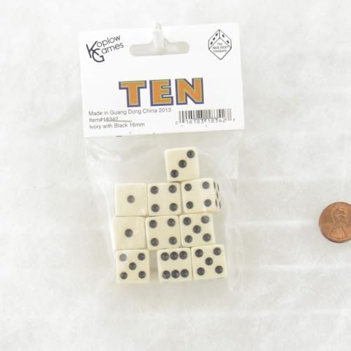 Ivory Opaque Dice with Black Pips D6 16mm (5/8) Set of 10 Dice Koplow Games image 3