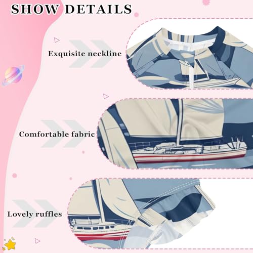 Girls One Piece Swimsuits Sailboat in Waves Pattern Beach Swimwear Long Sleeve Bathing Suit4
