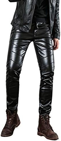 Idopy Men`s Black Slim Fit Soft PU Faux Leather Biker Pants 33 03#