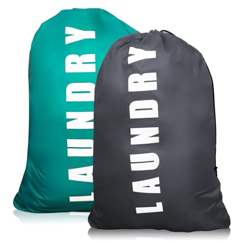 2 Pack Upgrade Extra Large Travel Laundry Bag with Drawstring，24 x 36 Durable Rip-Stop Dirty Clothes Shoulder Bag for Travel, Bathroom Home or Dormitory (Blue Grey)