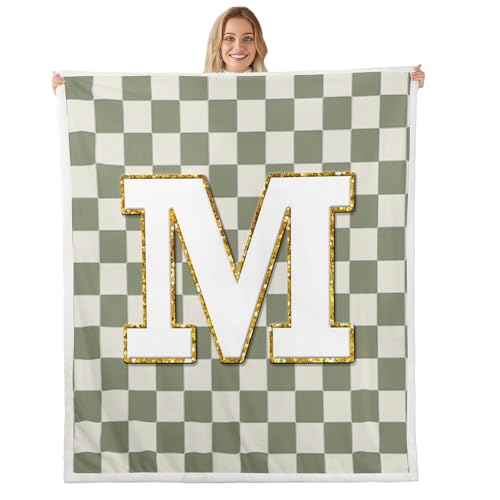 Image of Erosebridal Sage Green Checkered Sherpa Blanket Plaid Initial M Fuzzy Plush Throw Personalized Monogram Fleece Blanket for Kids Boys Girls,Fashion Grids Gingham Decor for Bed Couch Twin 60 inchx80 inch