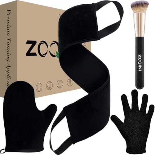 ZOQINI Self Tanning Mitt Kit, Velvety Soft Tanner Mitt, Back Tanning Applicator, Exfoliating Glove, Angled Face Tanner Brush for Sunless Tanning Oil Lotion Mousse Gel (Black 4 Pack, Boxed)