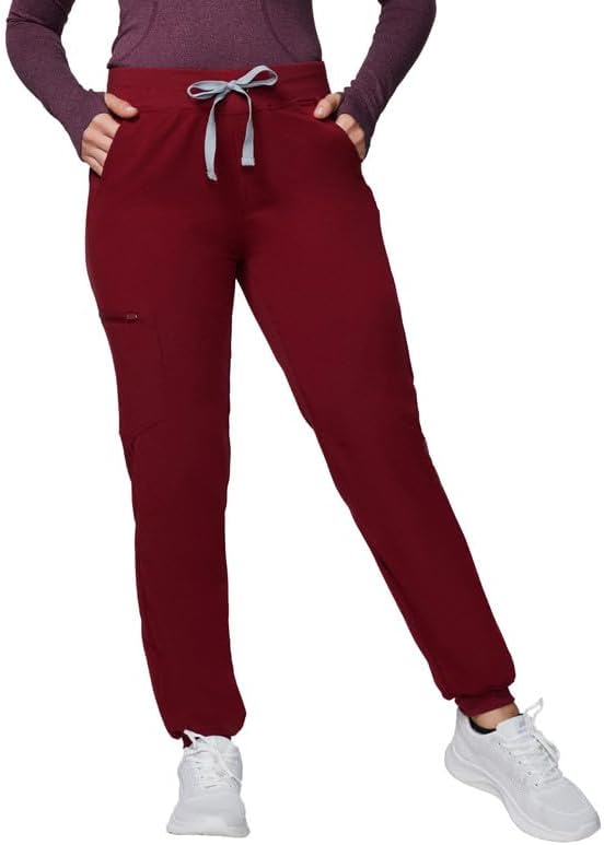 Kitmaz Scrub Pants for Women - Mid Rise 4-Way Stretch Anti-Wrinkle Slim Fit Jogger Pants, Drawstring & 5 Pockets Burgundy