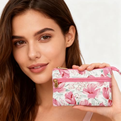 Image of Women Small Zipper Coin Purse, Handmade Fabric Flower Embroidered Change Pouch, Cotton Double Zipper Wallet