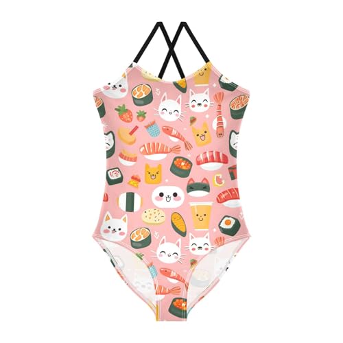 ALAZA Cat Kitten Sushi Strawberry Girls One Piece Swimsuit Swimwear Beach Sport Bathing Suit