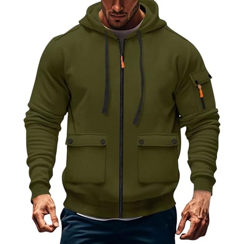 Combat Tactical Mens Zip Up Hoodie Oversized Cargo Hoodie Heavyweight Fleece Full Zipper Fashion Sweatshirt Fall Fashion Plain Jacket abrigos para hombres sin capucha(Green,XL)