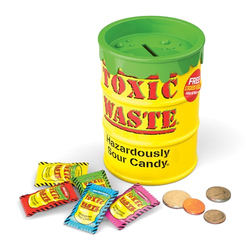 TOXIC WASTE - Hazardously Sour Candy - Apple, Watermelon, Lemon, Blue Raspberry, & Black Cherry Flavors - 3 oz. Yellow Bank - Stickers Included