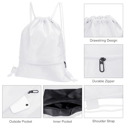 PATIKIL Drawstring Backpack Bag, Drawstring Gym Bag String Backpack with Zip Pocket for Women Men, White4