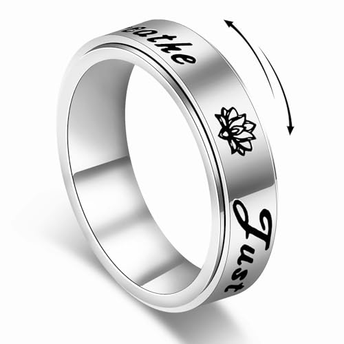 LANJORXU Serene Lotus Fidget Ring: Just Breathe Anxiety Spinner Ring for Women Floral Pattern Rotating Band for Calm & Focus 18K Gold Plated Stainless Steel Jewelry Gift (Stainless Steel 7)