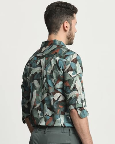 Image of MUFTI Olive Abstract Slim Fit Shirt