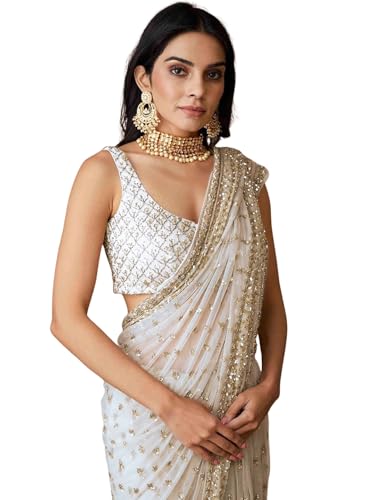 Peachmode Women's Off White Sequins Embellishment Net Saree with ...