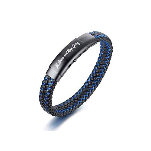 VNOX Men's Inspirational Mantra Engarved Handmade Braided Leather Adjustable Cuff Bangle Bracelet Encouragement Motivational Gift for Men Black-Blue Be Brave and Keep Going