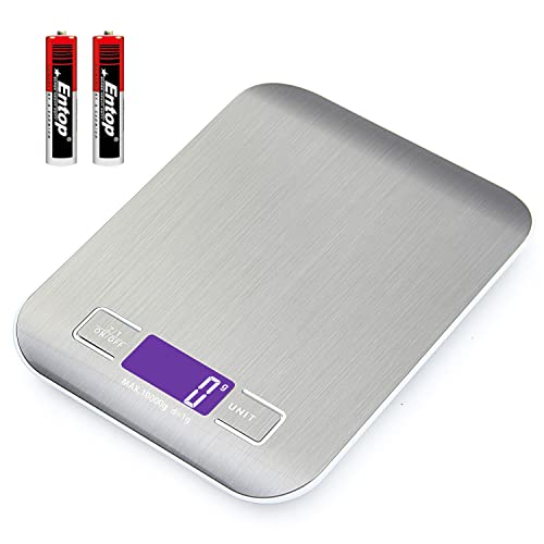Báscula de Cocina Digital,10kg/22lb Bascula Cocina con Pantalla LCD y Función de Tara,6 Unidades de Medida,Acero Inoxidable 304,Alta Precisión hasta 1g,para Hornear y Cocinar(2 Baterías Incluidas) Cover