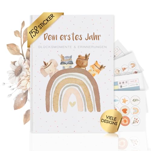 Cozy Racoon Baby album "Mein erstes LebensJahr" with 158 stickers. Baby album to design and fill in for the most beautiful moments. Gift for birth for boys and girls, Boho animals