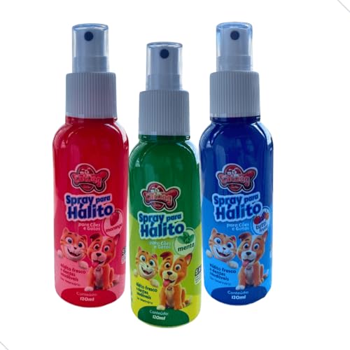 kit 3 Spray Bucal Para Hálito Cães e Gatos Sabores Tutti-Frutti Morango Menta Higienizador Bucal Tch