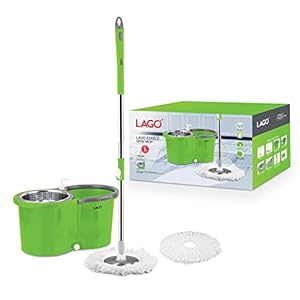 LAGO MOP (Spin, Steelo 2 Pads) with Steel Wringer, 1 Unit Stainless Steel Telescopic Rod, 1 Round Stainless Steel Mop Head, 2 Round Microfibre Pads, 1 Soap Dispenser Bottle, 4 Wheel inbuilt System.