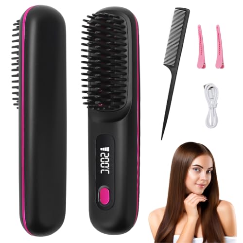 DASIAUTOEM Kabellose Haarglätter, 2 in 1 Mini Haarglätter, Verbrühungsschutz Glätteisen, Tragbare Bürste mit LED Anzeige und 3 Temperaturstufen für Haar und Bartstyling