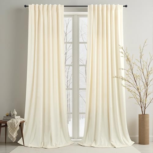 Image of 102 Inch Velvet Curtains 2 Panels Set Length Victorian Rustic Neutral Boho Modern Decorative Curtain for Bedroom Heat Cold Blocking Window Thermal Insulating Drape for Living Room Long Ivory Off White