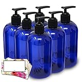 BLUE PLASTIC PUMP BAIRE BOTTLES, 16 OZ REFILLABLE Black Pumps - ORGANIZE Soap, Shampoo and Lotion with a Clean, Classy Look - PET, Lightweight, BPA Free - 6 Pack, BONUS 6 FLORAL LABELS